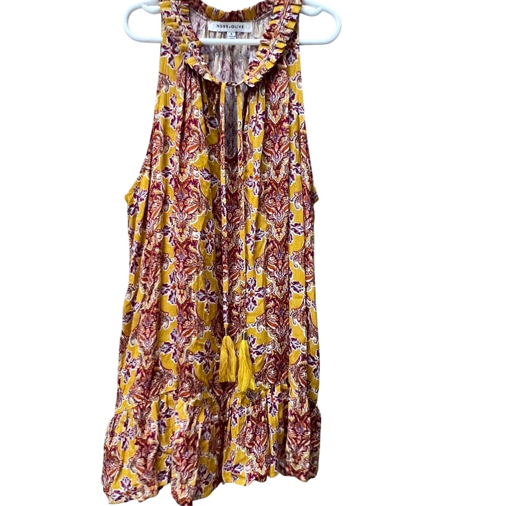 Rose + Olive Yellow Paisley Ruffle Neck Tassel Tie Top Boho Peasant Artsy Retro